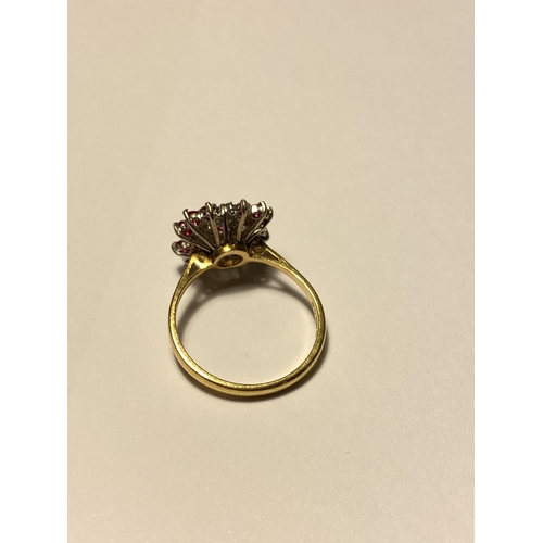 218 - An 18ct yellow gold ruby and diamond cluster ring, approx size O, stamped 750