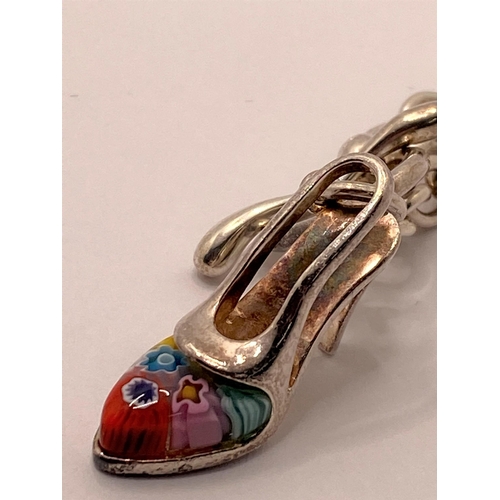 105 - Silver 925 bracelet with Millefiori Murano design high heel sandal/shoe, marked Alan K 925