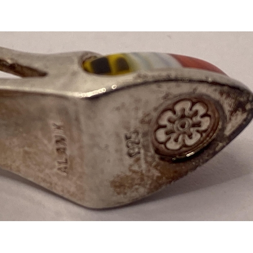 105 - Silver 925 bracelet with Millefiori Murano design high heel sandal/shoe, marked Alan K 925