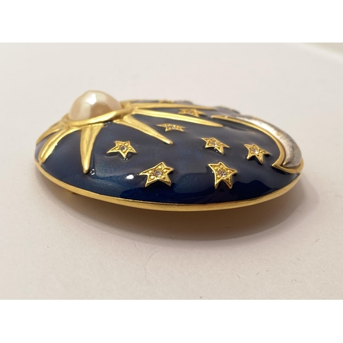 116 - Sun, Moon, and Stars gold tone brooch marked with KL monogram (Karl Lagerfeld)