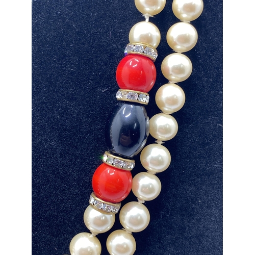 170 - Vintage necklace with faux pearl, crystals marked Celine Made Italy to clasp