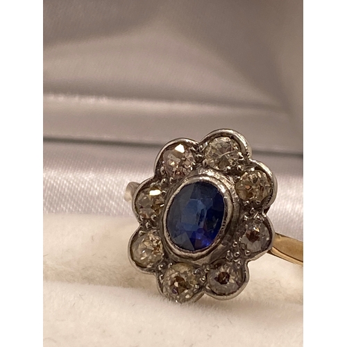 180 - Antique yellow gold cluster ring. with eight rose cut diamonds surrounding central oval sapphire sto... 