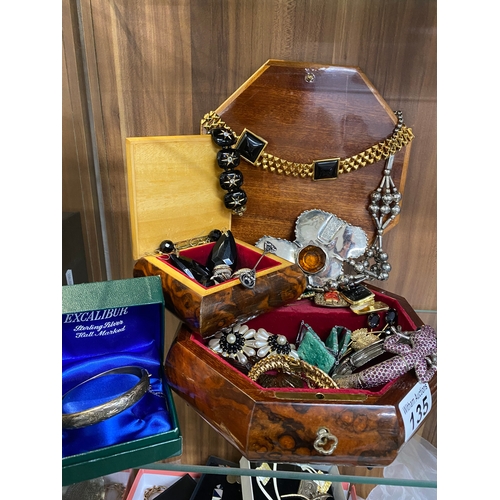 135 - Two jewellery boxes with inlaid decoration containing mixture of costume jewellery to include tortoi... 