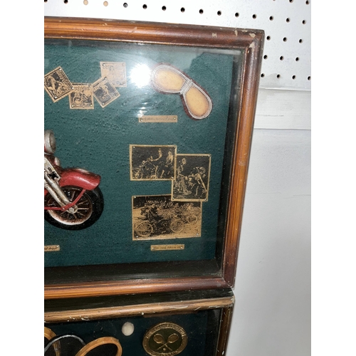 125 - A selection of four boxed display cabinets with items such as wines, fishing, golf, motorcycling etc... 