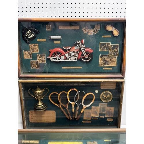 125 - A selection of four boxed display cabinets with items such as wines, fishing, golf, motorcycling etc... 