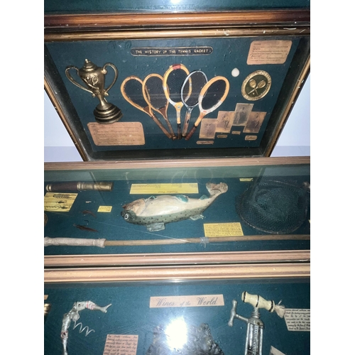 125 - A selection of four boxed display cabinets with items such as wines, fishing, golf, motorcycling etc... 