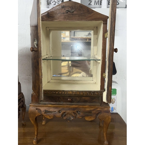 131 - Handcrafted miniature walnut display cabinet with mirror back and shelf, with drawer, approx height ... 