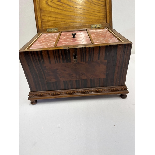 18 - A 1930 oak box with inlaid marquetry to top with pink mother of pearl style insert lids marked 'made... 