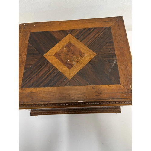 18 - A 1930 oak box with inlaid marquetry to top with pink mother of pearl style insert lids marked 'made... 