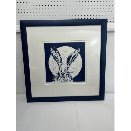 283 - A framed lino cut signed in pencil,lower right  by Sarah Cemmick of 'Blue Big Ears' number 9 / 25 li... 