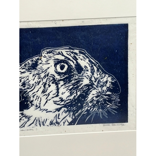 284 - A framed lino cut signed by Sarah Cemmick of 'Blue New Moon' limited edition number 10/25