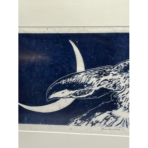 284 - A framed lino cut signed by Sarah Cemmick of 'Blue New Moon' limited edition number 10/25