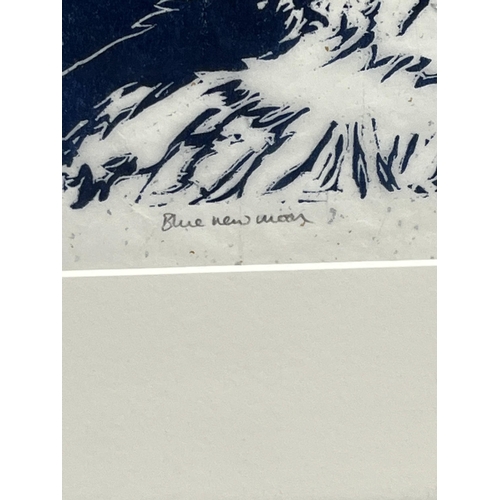 284 - A framed lino cut signed by Sarah Cemmick of 'Blue New Moon' limited edition number 10/25