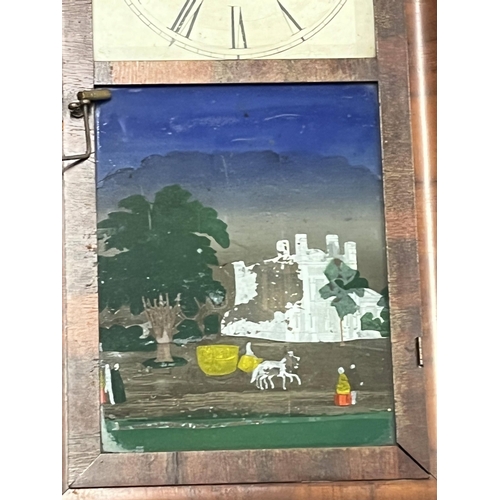 56 - An American wall clock by the Chauncey Jerome with glazed panel to front depicting a country house s... 