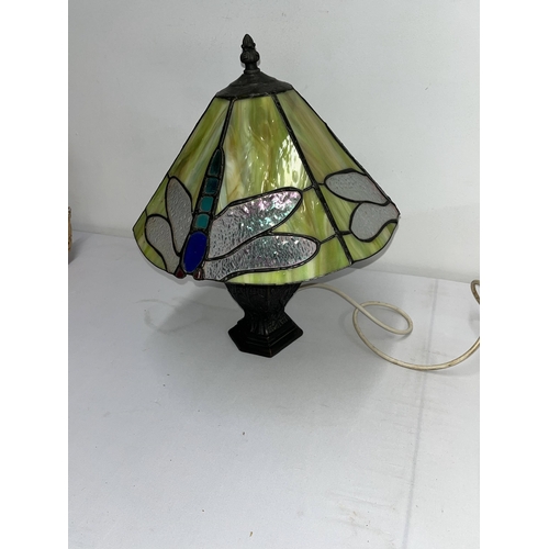 66 - A dragonfly tiffany style lamp with bronze effect dragons on base , height 40cms,working at time of ... 