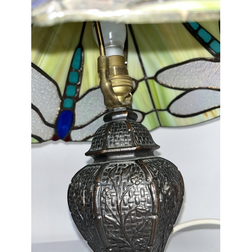 66 - A dragonfly tiffany style lamp with bronze effect dragons on base , height 40cms,working at time of ... 