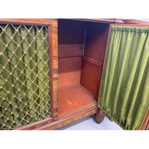 1 - Side cabinet  with raised shelf / mirrored back, green upholstered front panels