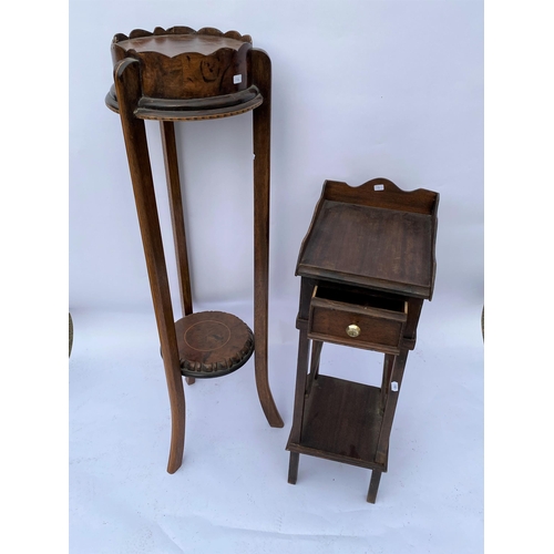 10 - Mahogany plant/jardinière stand with small side table with drawer