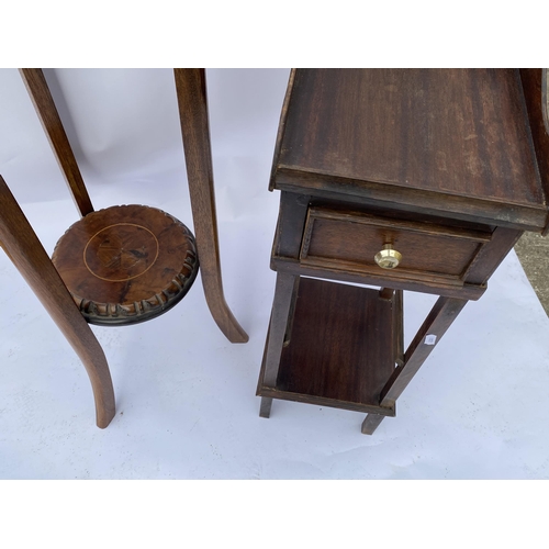 10 - Mahogany plant/jardinière stand with small side table with drawer