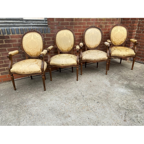 114 - Late 19th century Louis XVI style chairs, upholstered in damask, x4 chairs in total A/F