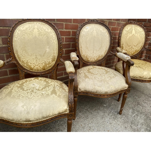 114 - Late 19th century Louis XVI style chairs, upholstered in damask, x4 chairs in total A/F