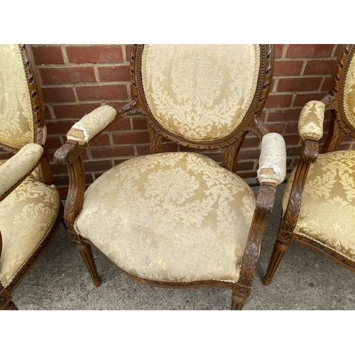 114 - Late 19th century Louis XVI style chairs, upholstered in damask, x4 chairs in total A/F