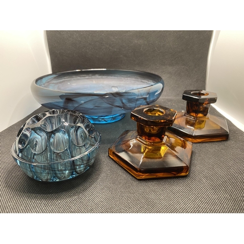 144 - Davidson Blue cloud glass centrepiece bowl with frog together with a pair of amber cloud glass candl... 