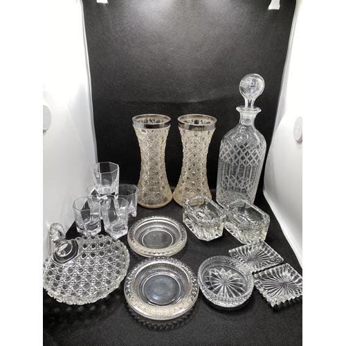 147 - A collection of cut glass/crystal items to include silver rimmed hob nail cut vases, hallmarked Birm... 