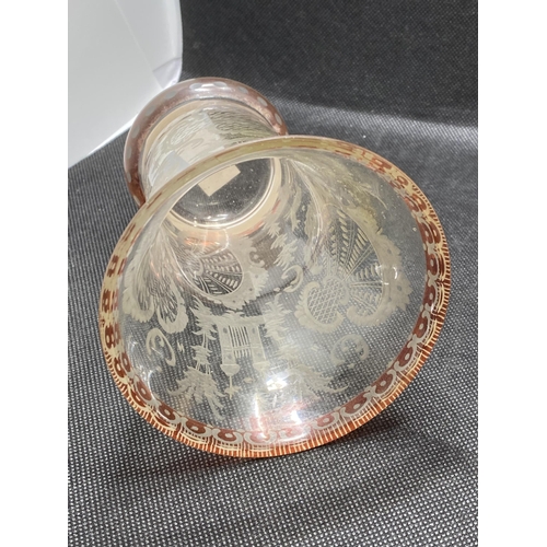 159 - Czechoslovakian bohemian etched glass vase with cranberry decoration, c.1850 together with a porcela... 