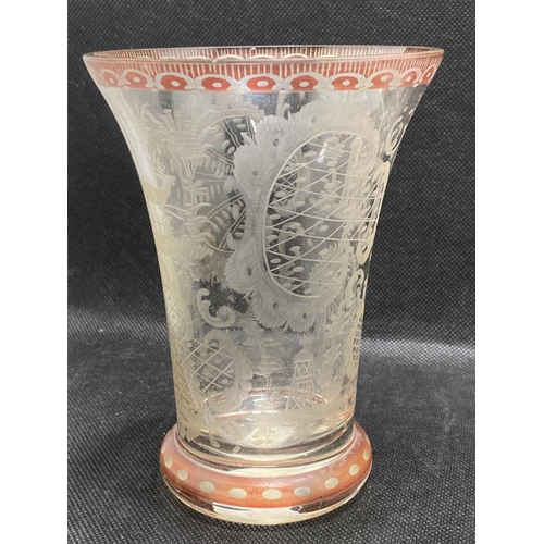 159 - Czechoslovakian bohemian etched glass vase with cranberry decoration, c.1850 together with a porcela... 