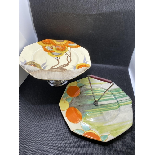 163 - Clarice Cliff 'Bizarre' Tasa stand together with one Clarice Cliff cake plate marked Delecia Bizarre... 