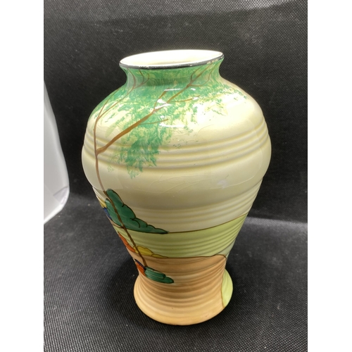 164 - Clarice Cliffe Bizarre Series no 2 5762 hand painted vase together with half moon posy/pocket vase