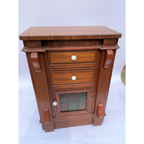 2 - Vintage two drawer cupboard with leaded glazed coloured glass panels and inlaid detailing to top