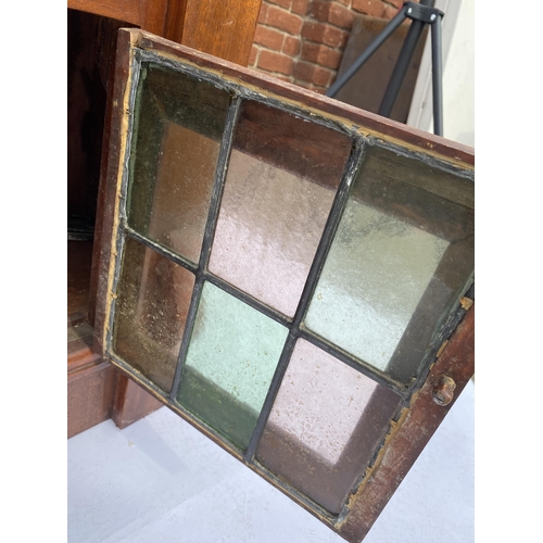 2 - Vintage two drawer cupboard with leaded glazed coloured glass panels and inlaid detailing to top