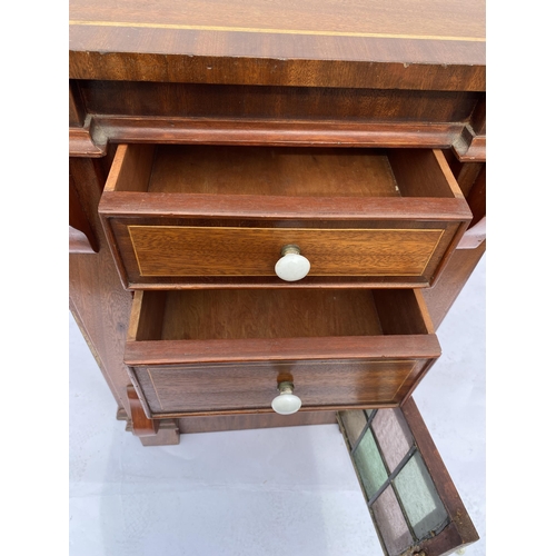 2 - Vintage two drawer cupboard with leaded glazed coloured glass panels and inlaid detailing to top