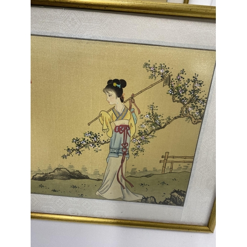 255 - Two Japanese painting on silks depicting geisha girls, signed. 30 x 26cm