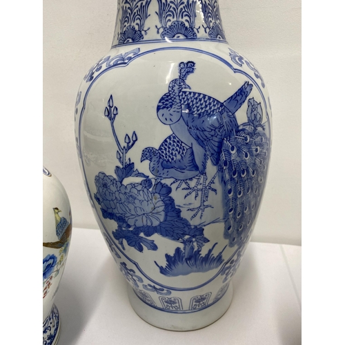 257 - Group of oriental vases to include a blue and white vase depicting peacocks and flowers, vase depict... 