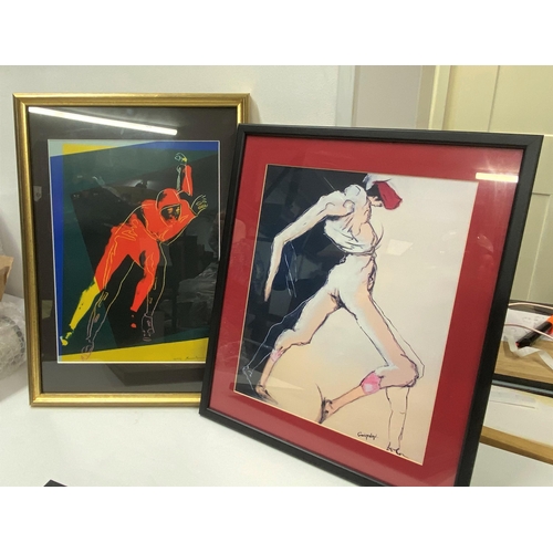 273 - Two framed prints of male form, one featuring speed skater by Andy Warhol