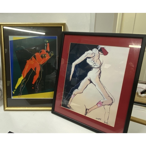 273 - Two framed prints of male form, one featuring speed skater by Andy Warhol