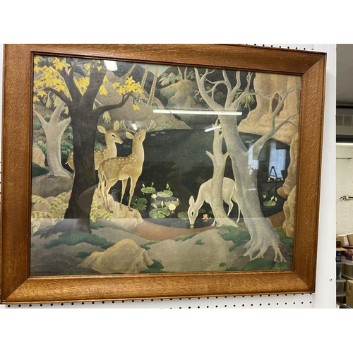 286 - Deer in woodland framed coloured vintage print by British artist Phyllis Mary Waters known as Billie... 