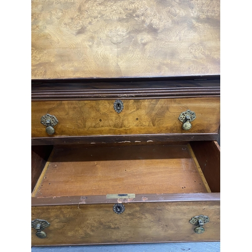 30 - Walnut veneer bureau, drop down reveals two drawers with inlaid trim and compartments, with two draw... 