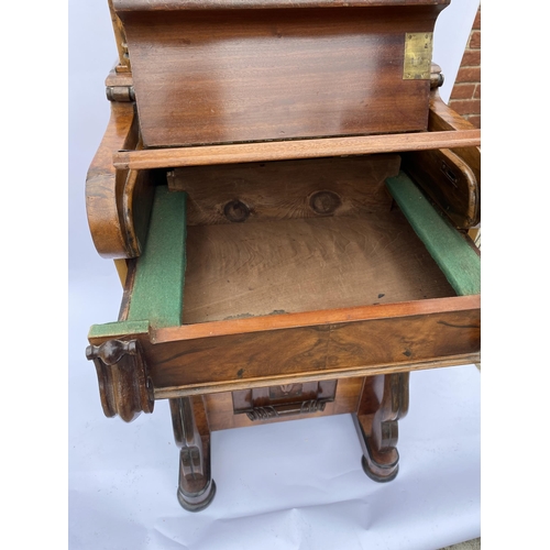 33 - Davenport style desk with drawers with inlaid trim, carved panel detailing, glass inkwell and key, a... 