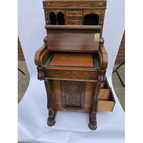 33 - Davenport style desk with drawers with inlaid trim, carved panel detailing, glass inkwell and key, a... 