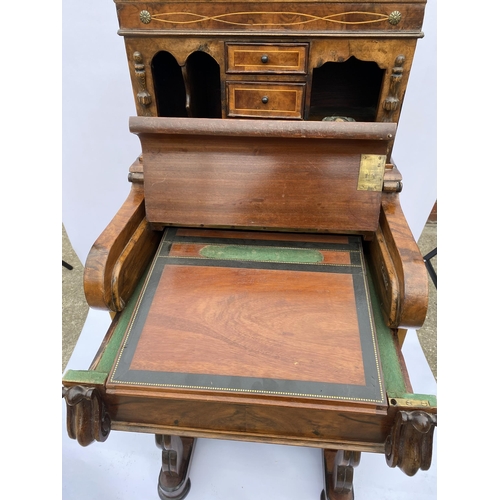 33 - Davenport style desk with drawers with inlaid trim, carved panel detailing, glass inkwell and key, a... 