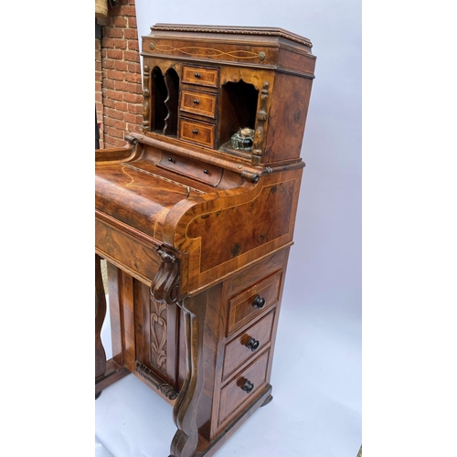 33 - Davenport style desk with drawers with inlaid trim, carved panel detailing, glass inkwell and key, a... 