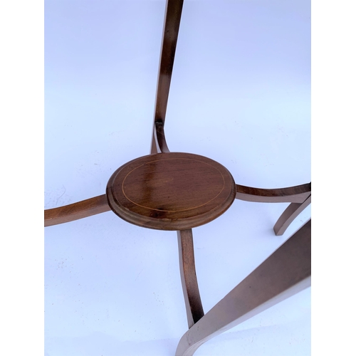 45 - Mahogany oval table with inlaid detailing, H 66cm x D45cm x H74cm