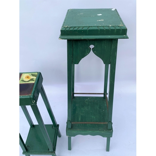 70 - Victorian plant stands, one with tiled top featuring calla lilies (painted green), x2 items in total