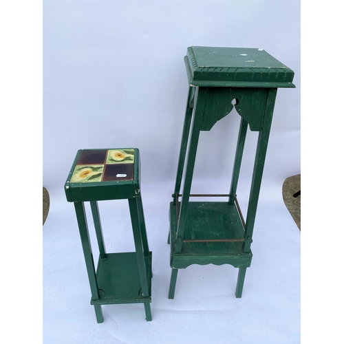 70 - Victorian plant stands, one with tiled top featuring calla lilies (painted green), x2 items in total