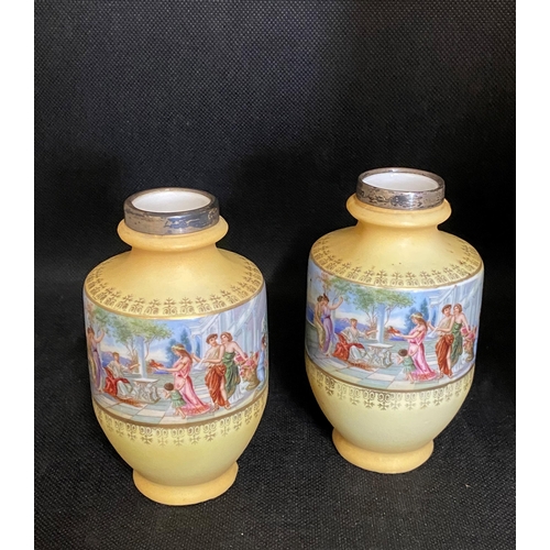 98 - Pair of small antique silver rimmed urn vases together with pair of glass bud vases