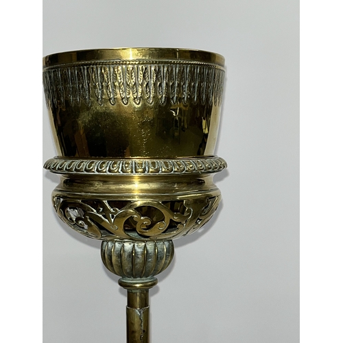 74 - Ecclesiastical style metal stand with detachable bowl, approx.  overall height 116cm